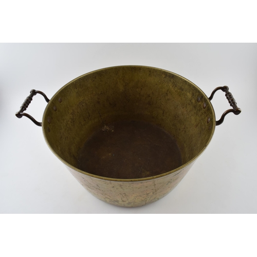 346 - Large antique brass deep jampan / log basket, 38cm diameter exc handles and 20cm tall.