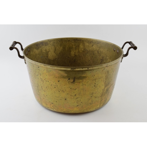 346 - Large antique brass deep jampan / log basket, 38cm diameter exc handles and 20cm tall.