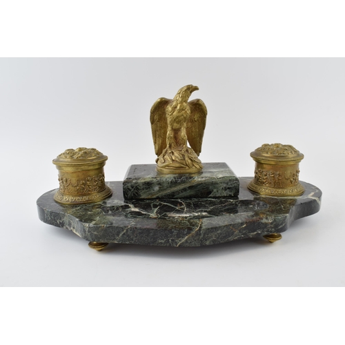 349 - French Art Deco desk tidy / inkwell with gilt metal ink pots with ceramic liners and eagle finial pa... 