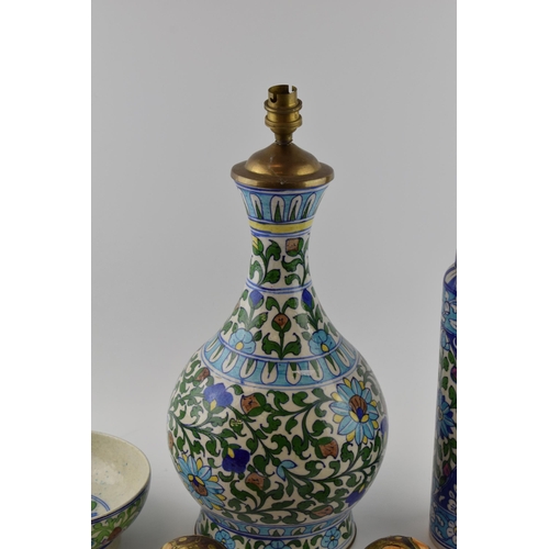 350 - Interesting items of Eastern origin to include a matching enamelled lampbase, bowl and lidded jar, w... 