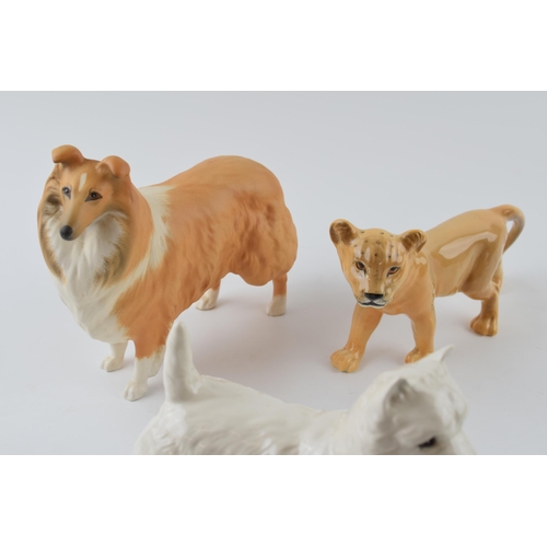 61 - Beswick to include a matte rough collie, a West Highland Terrier 2038 and a Lion cub 2098 (3).