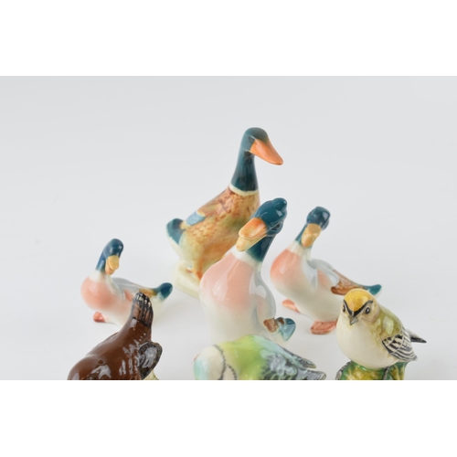 85 - Beswick birds to include set of 3 comical ducks, 756-2 mallard, with a glodcrest, a bluetit and a wr... 