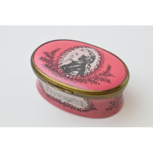 122 - Halcyon Days Bilston and Battersea Enamels pill box depicting Mozart, limited edition of 1000.