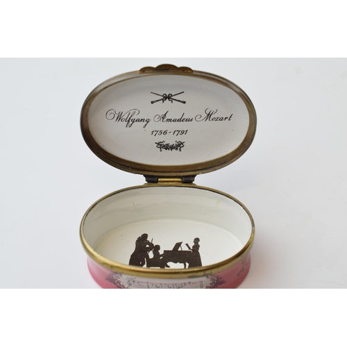 122 - Halcyon Days Bilston and Battersea Enamels pill box depicting Mozart, limited edition of 1000.