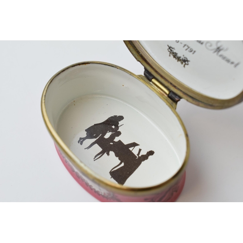 122 - Halcyon Days Bilston and Battersea Enamels pill box depicting Mozart, limited edition of 1000.