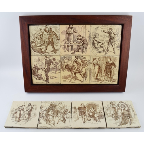 A collection of 10 Wedgwood of Eturia transfer printed tiles. Rarely found series designed by Thomas Allen. The subjects are taken from the novel Ivanhoe by Sir Walter Scott.  Printed in deep brown on ivory body.  Circa 1880.