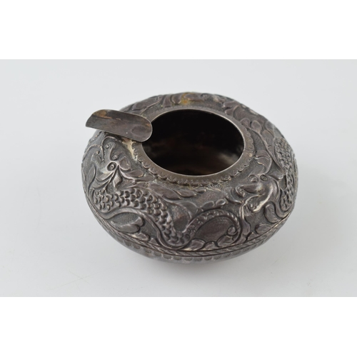 237 - Eastern silver ornate ashtray with dragon design, markings to underside, 31.1 grams.