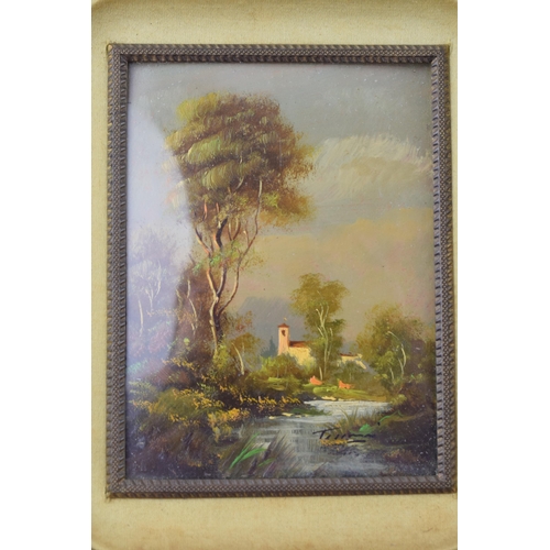 422 - A small framed oil painting with indistinct signature of a woodland house scene, 12x9cm exc. frame.