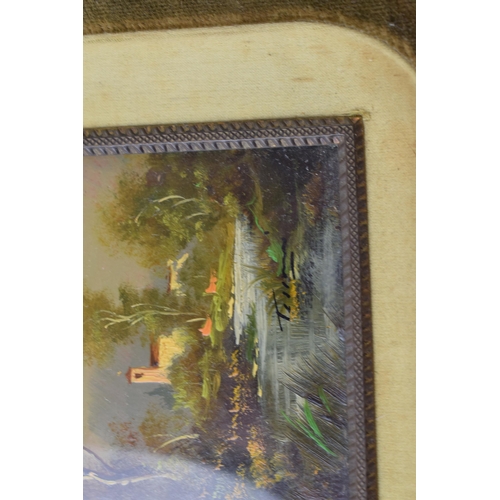 422 - A small framed oil painting with indistinct signature of a woodland house scene, 12x9cm exc. frame.