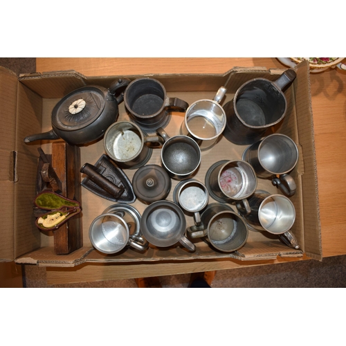 459 - A mixed lot of antique and modern pewter tankards together with a Meerschaum pipe (af), flat iron an... 