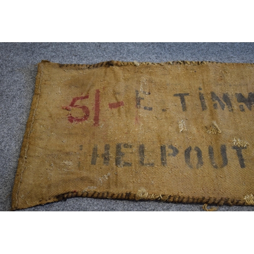 460 - Two vintage corn sacks (red writing) E. TIMMS HELP OUT. MILL 130cm x 70cm (2)