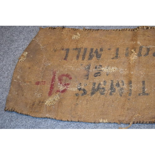 460 - Two vintage corn sacks (red writing) E. TIMMS HELP OUT. MILL 130cm x 70cm (2)