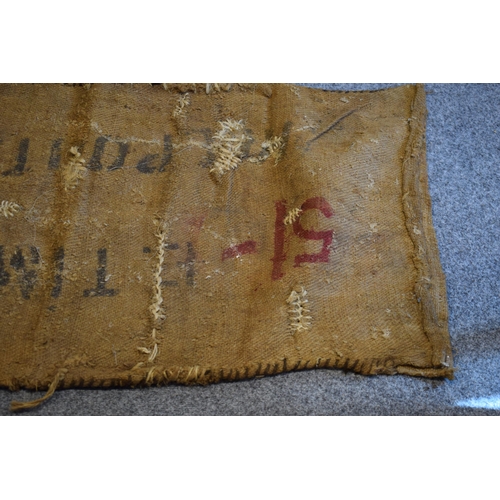 460 - Two vintage corn sacks (red writing) E. TIMMS HELP OUT. MILL 130cm x 70cm (2)