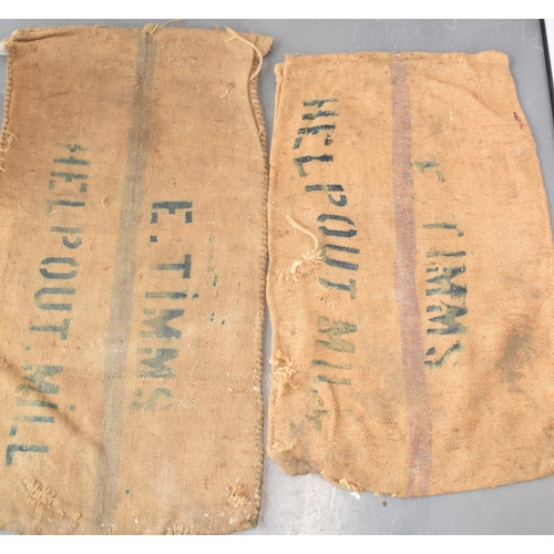 462 - Two vintage corn sacks (blue writing) E. TIMMS HELP OUT. MILL 130cm x 70cm. (2)