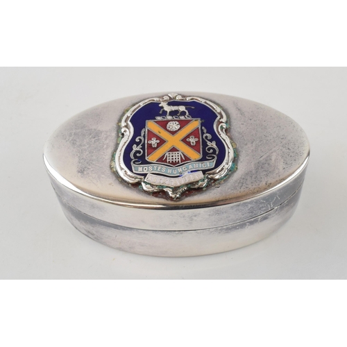 483 - Silver plated snuff box with enamel crest for Abergavenny. Makers mark S & Co to base. Width 7cm. He... 