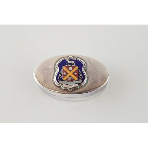 483 - Silver plated snuff box with enamel crest for Abergavenny. Makers mark S & Co to base. Width 7cm. He... 