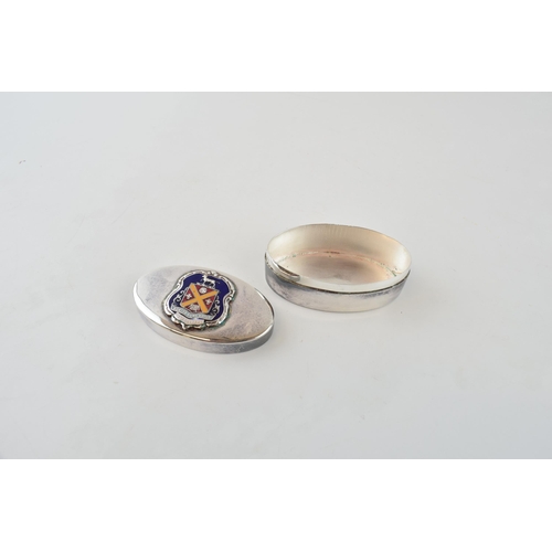 483 - Silver plated snuff box with enamel crest for Abergavenny. Makers mark S & Co to base. Width 7cm. He... 