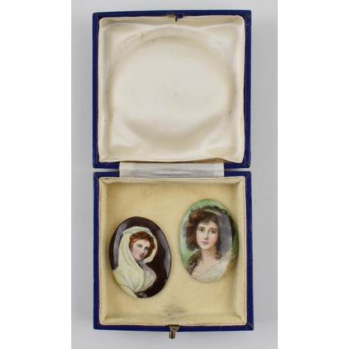 485 - A pair of miniature portraits on porcelain. Lady Hamilton (after George Romney) and Mrs Sheridan (af... 