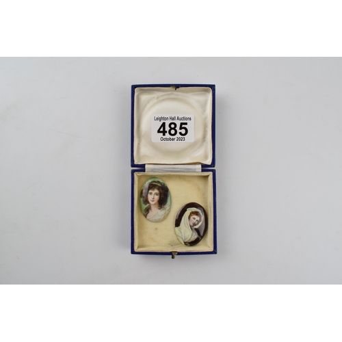 485 - A pair of miniature portraits on porcelain. Lady Hamilton (after George Romney) and Mrs Sheridan (af... 