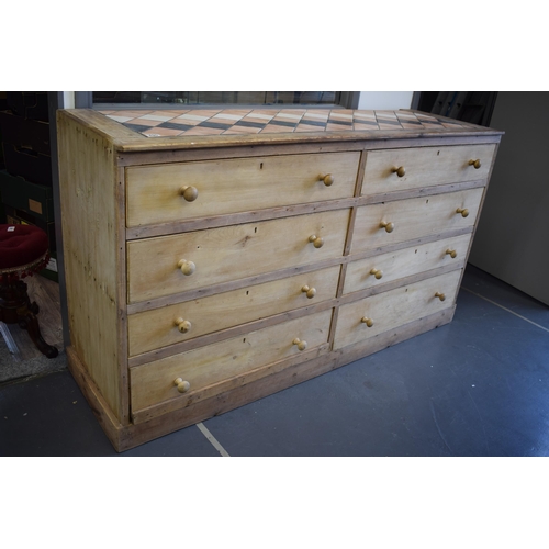 490 - Pine double chest of drawers / sideboard with turned pine handles and later tile top, 188x55x105cm t... 