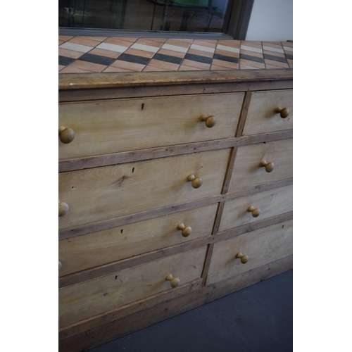 490 - Pine double chest of drawers / sideboard with turned pine handles and later tile top, 188x55x105cm t... 