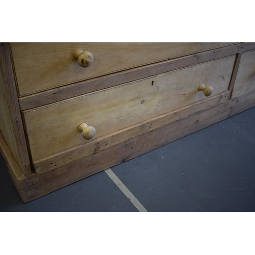 490 - Pine double chest of drawers / sideboard with turned pine handles and later tile top, 188x55x105cm t... 