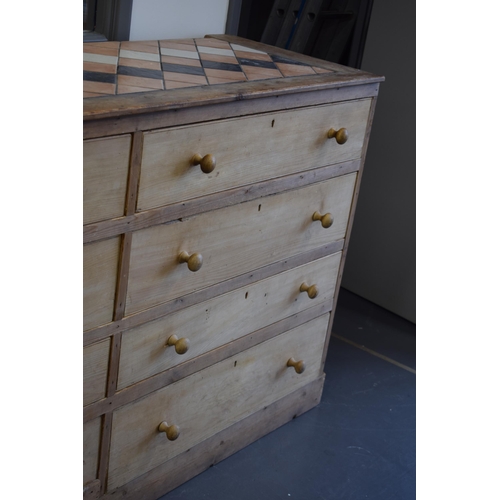 490 - Pine double chest of drawers / sideboard with turned pine handles and later tile top, 188x55x105cm t... 