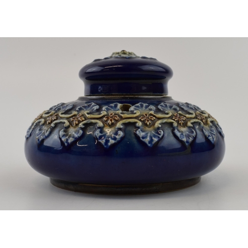 100A - Doulton Lambeth inkwell, blue ground with repeated stylised floral design. Impressed mark gg 4341 to... 