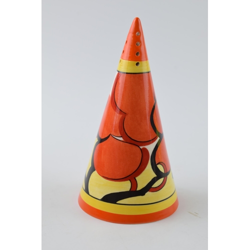 124 - Wedgwood Bizarre by Clarice Cliff Centenary sugar sifter in the Orange Erin pattern, 14cm tall.