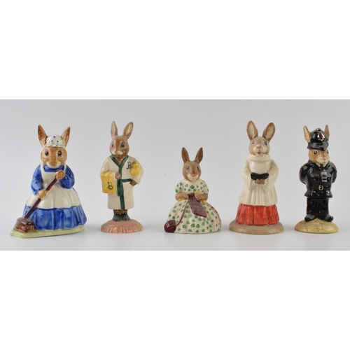 168M - Royal Doulton Bunnykins to include Vicar, Policeman, Busy Needles, Bathime and Clean Sweep (5).