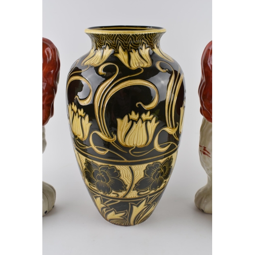 186 - Pottery to include a Rubian Ware vase (cracked), a pair of 20th century Staffordshire fireside dogs,... 