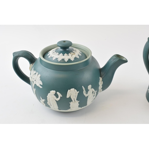 212 - Dudson Brothers Hanley England Tricolour Jasperware tea pot and milk jug in green, light green and w... 