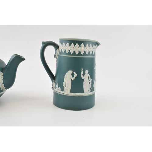 212 - Dudson Brothers Hanley England Tricolour Jasperware tea pot and milk jug in green, light green and w... 