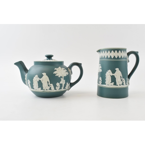 212 - Dudson Brothers Hanley England Tricolour Jasperware tea pot and milk jug in green, light green and w... 