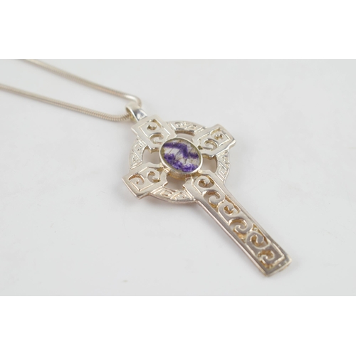 283 - Sterling silver cross pendant set with Blue John stone on silver chain, 45cm long.