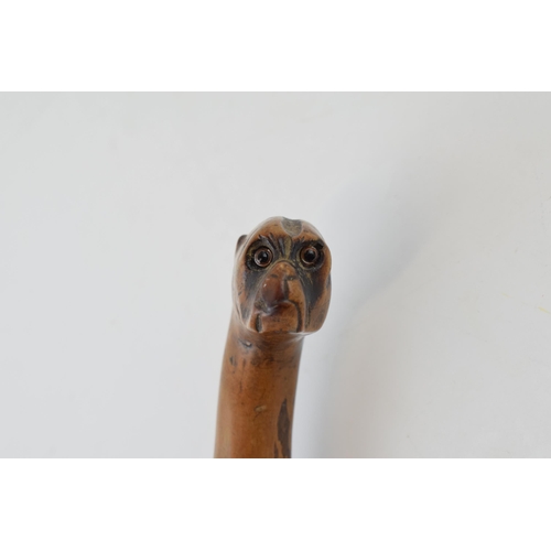 476 - Folk Art walking stick with naively carved head on a Boxer dog with glass eyes and original ferrel. ... 