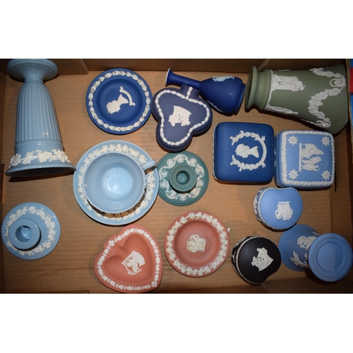 216A - Wedgwood Jasperware to include vases, trinkets, pin dishes, candlesticks and others in terracotta, t... 