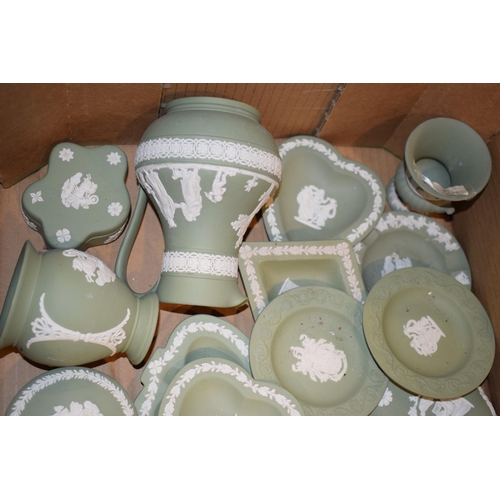 216E - Wedgwood Jasperware to include vases, trinkets, pin dishes, candlesticks and others in sage green, c... 