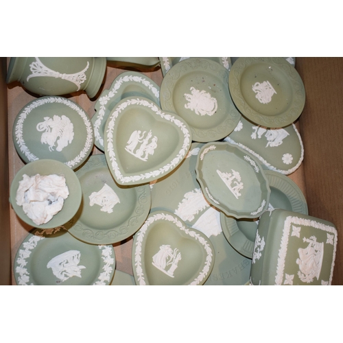 216E - Wedgwood Jasperware to include vases, trinkets, pin dishes, candlesticks and others in sage green, c... 