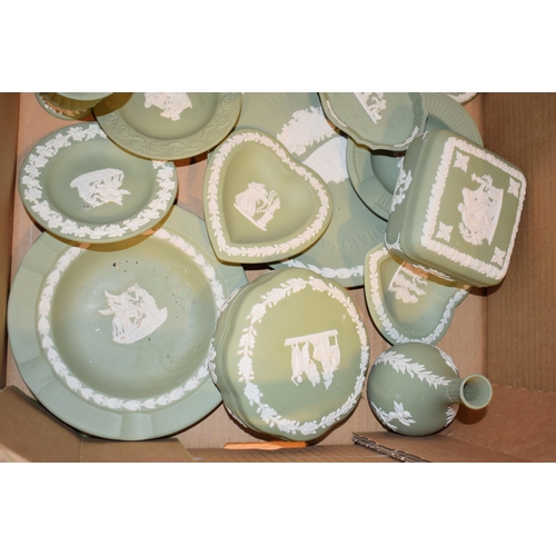 216E - Wedgwood Jasperware to include vases, trinkets, pin dishes, candlesticks and others in sage green, c... 