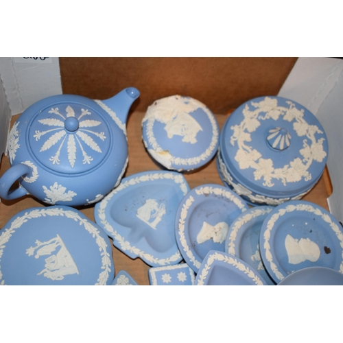 216G - Wedgwood Jasperware to include vases, trinkets, a small teapot (spout chipped), pin dishes, candlest... 