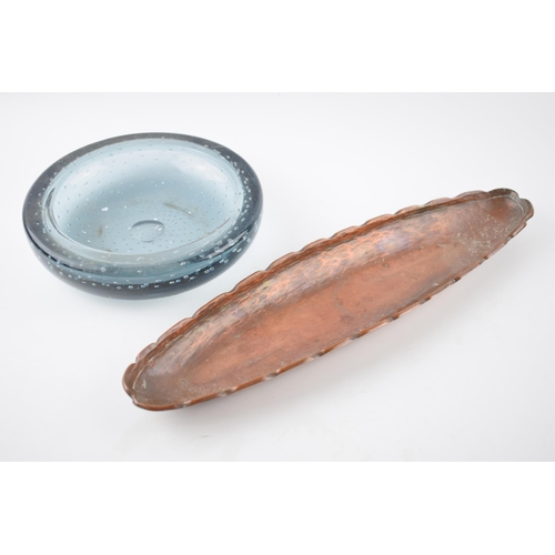 306 - An elongated hammered copper Arts and Crafts tray with an art glass bowl (2).