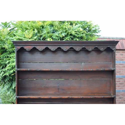 492A - Early 19th century Welsh oak dresser with planked base with 2 drawers with 3 shelf top rack with gro... 