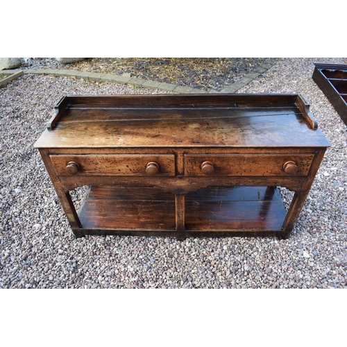 492A - Early 19th century Welsh oak dresser with planked base with 2 drawers with 3 shelf top rack with gro... 