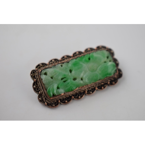 290I - Vintage jade (or similar) set bar brooch, marked 'CHINA' to rear, 38mm wide.