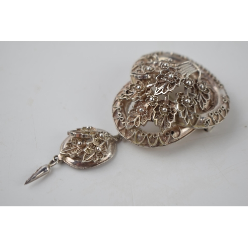 290J - Victorian silver brooch with drop tassle, 20.5 grams, 8.5cm long.