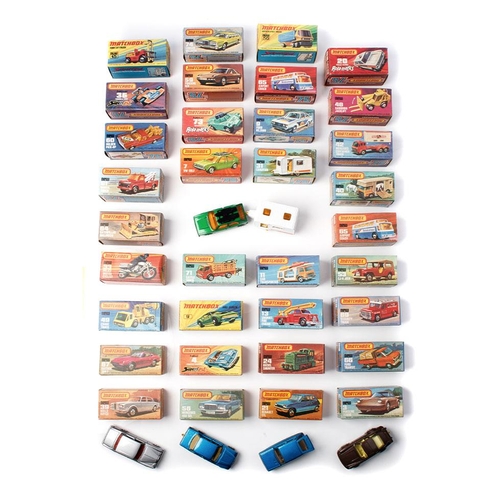 Boxed Matchbox 75 c1979 Lesney series die-cast model vehicles to include, 3 Porch Turbo, 4 Pontiac Firebird, 7 VW Golf, 11 Car Transporter, 13 Snorkel Fire Engine, 20 Police Patrol, 21 Renault 5TL, 24 Diesel Shunter, 31 Caravan, 33 Police Motorcyclist, 36 Formula 5000, 39 Rolls Royce, 40 Horsebox, 42 Mercedes Container Truck, 48 Sambron, Jacklift, 49 Crane Truck, 53 CJ-6 Jeep, 56 Mercedes 450 SEL, 59 Porsche 928, 60 Holden Pick-Up, 61 Wreck Truck, 64 Catalpillar Bulldozer, 65 Airport Coach, 66 Ford Transit, 67 Datsun 260-Z, 69 Security Truck, 71 Cattle Truck, 73 Weasel, 74 Cougar Villager, 65 Airport Coach, together with earlier series, 9 AMX Javelin, 15 Fork Lift Truck, 50 Articulated Truck (Box Only).  (35) complete in box (1) box only.