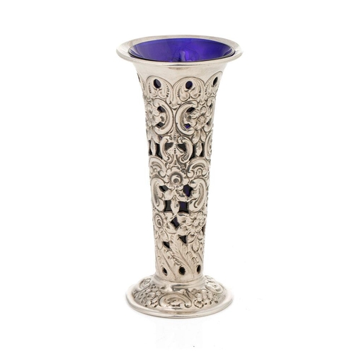 120 - Silver ornate spill vase with blue glass liner, Sheffield 1923, H Atkin, 101.9 grams of silver, 14.5... 