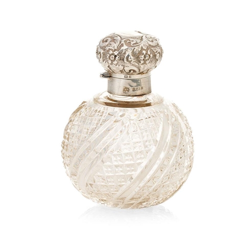 122 - Silver and glass globular perfume bottle, with original stopper, Birmingham 1900, Nathan & Haynes, 1... 