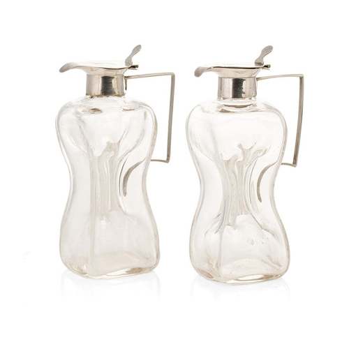 123 - A pair of silver and glass noggins / glug glug jugs, Birmingham 1913, HB & Co, 12cm tall (2).